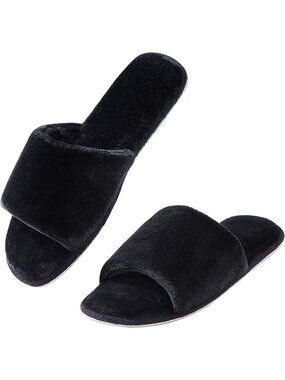 〽️Women's Black Open Toe Slippers Cozy Memory Foam Summer Slip On Flannel Shoes